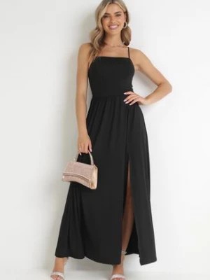 Zdjęcie produktu Czarna Sukienka Maxi na Ramiączkach z Rozcięciem na Dole i Kwadratowym Dekoltem Jacklyn