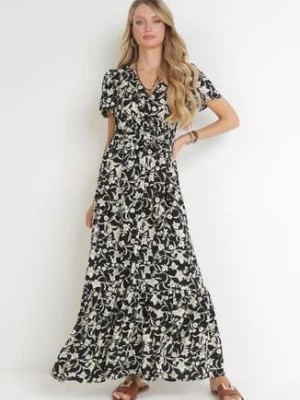 Zdjęcie produktu Czarna Sukienka Maxi z Gumką w Pasie w Kwiaty Aretocia