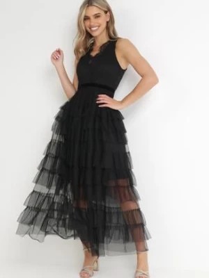 Zdjęcie produktu Czarna Sukienka Maxi z Tiulowym Dołem i Koronkową Górą Deliva
