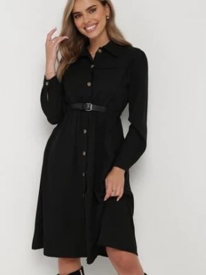 Zdjęcie produktu Czarna Sukienka Midi z Gumką w Pasie i Dodatkowym Paskiem ze Sprzączką Zawadi