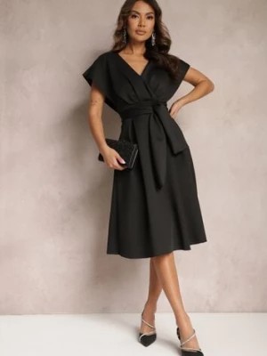 Zdjęcie produktu Czarna Sukienka Midi z Kopertowym Dekoltem o Rozkloszowanym Fasonie Tenero