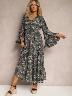 Zdjęcie produktu Czarno-Zielona Sukienka w Kwiatowy Print Rozkloszowana z Falbankami Airova