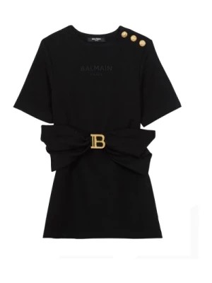 Zdjęcie produktu Czarna Sukienka w Stylu T-shirt z Złotymi Szczegółami Balmain
