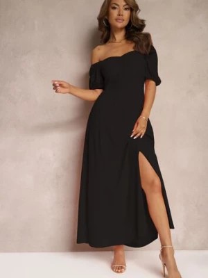 Zdjęcie produktu Czarna Sukienka Wieczorowa z Hiszpańskim Dekoltem i Rozcięciem Vikiya