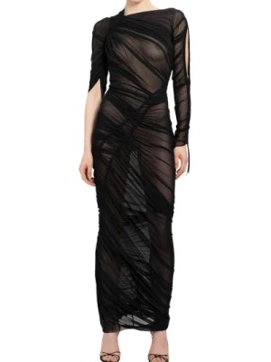 Zdjęcie produktu Czarna Sukienka z Asymetrycznymi Rękawami i Marszczeniami Atlein