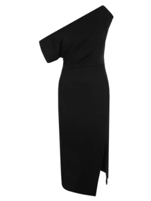 Zdjęcie produktu Czarna Sukienka z Jersey Sablé z Asymetrycznym Rękawem i Bocznym Rozcięciem Del Core