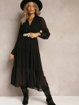 Zdjęcie produktu Czarna Sukienka z Kopertowym Dekoltem i Plecionym Paskiem Velo
