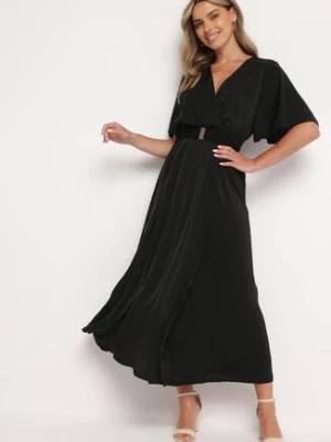 Zdjęcie produktu Czarna Sukienka z Kopertowym Dekoltem z Gumką w Pasie i Paskiem z Metalową Klamerką Teseri