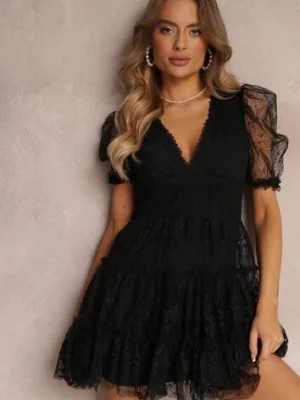 Zdjęcie produktu Czarna Sukienka z Koronkową Siateczką i Bufiastymi Transparentnymi Rękawami Payge