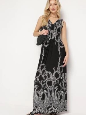 Zdjęcie produktu Czarna Sukienka z Ornamentalnym Wzorem Gumką w Talii i Sznurkami na Ramionach Avemina