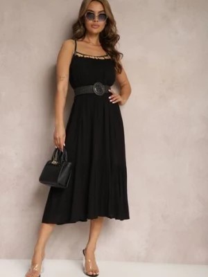 Zdjęcie produktu Czarna Sukienka z Wiskozy na Ramiączkach Zdobiona Cekinami i Metaliczną Nitką Beloe