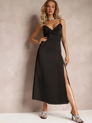 Zdjęcie produktu Czarna Taliowana Sukienka Maxi na Cienkich Ramiączkach z Rozcięciem Samiksa