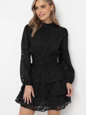 Zdjęcie produktu Czarna Taliowana Sukienka Mini Koronkowa z Falbankami Ciluna