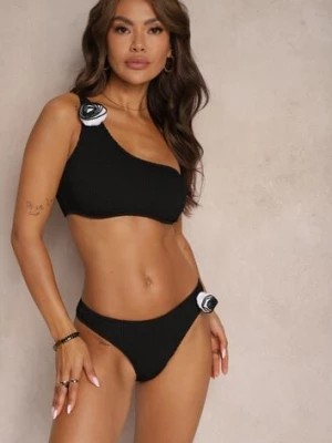 Zdjęcie produktu Czarne Bikini 2-Częściowe Asymetryczny Stanik i Majtki z Aplikacjami Kwiatu Namsilea