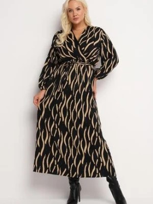Zdjęcie produktu Czarno-Beżowa Sukienka Maxi z Kopertowym Dekoltem i Gumką w Pasie Doren