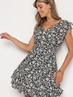 Zdjęcie produktu Czarno-Biała Bawełniana Sukienka na Ramiączkach ze Ściągaczami i Guzikami z Gumką w Talii Tesria