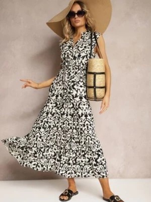 Zdjęcie produktu Czarno-Biała Sukienka z Wiskozy Zapinana na Guziki z Materiałowym Paskiem i Gumką w Pasie Isolia