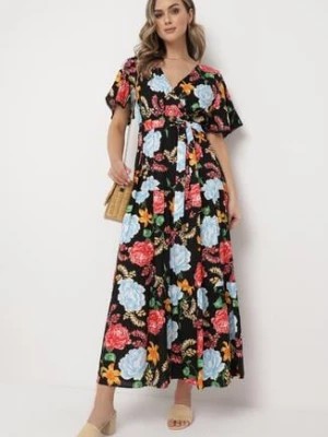Zdjęcie produktu Czarno-Niebieska Sukienka Maxi z Gumką w Talii z Szerokimi Rękawami i Kwiatowym Printem Nodriala