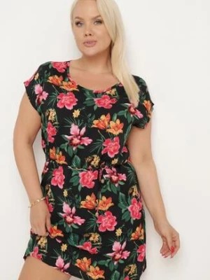Zdjęcie produktu Czarno-Różowa Wiskozowa Sukienka w Kwiaty z Materiałowym Paskiem w Talii Claristi