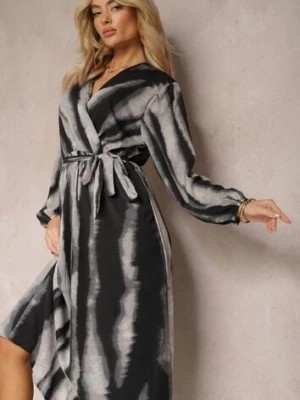 Zdjęcie produktu Czarno-Szara Rozkloszowana Sukienka Maxi z Kopertowym Dekoltem i Materiałowym Paskiem Efengia