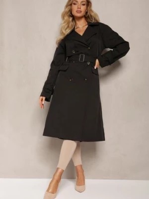 Zdjęcie produktu Czarny Płaszcz Trencz Dwurzędowy Taliowany Paskiem z Patkami na Rękawach Diore