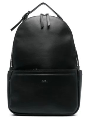 Zdjęcie produktu Czarny skórzany plecak z nadrukiem logo i srebrnymi detalami A.p.c.