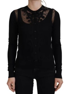 Zdjęcie produktu Czarny sweter z guzikami i koronką kwiatową Dolce & Gabbana