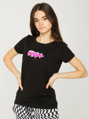 Zdjęcie produktu Czarny t-shirt z różowym nadrukiem graffiti