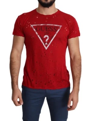 Zdjęcie produktu Czerwona Bawełniana Koszulka z Okrągłym Dekoltem Włochy Guess