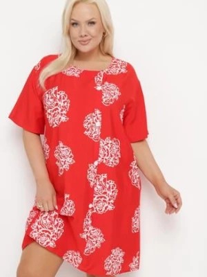 Zdjęcie produktu Czerwona Bawełniana Sukienka z Krótkim Rękawem z Kieszeniami i Guzikami Bellilla