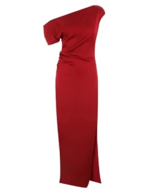 Zdjęcie produktu Czerwona Długa Sukienka z Envers Satin z Asymetrycznym Dekoltem i Bocznym Rozcięciem Del Core