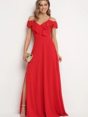 Zdjęcie produktu Czerwona Koktajlowa Sukienka na Ramiączkach z Falbankami i Rozcięciem Waterlily