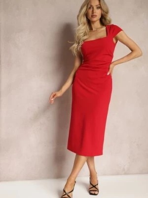 Zdjęcie produktu Czerwona Midi Sukienka z Kwadratowym Dekoltem Linerana