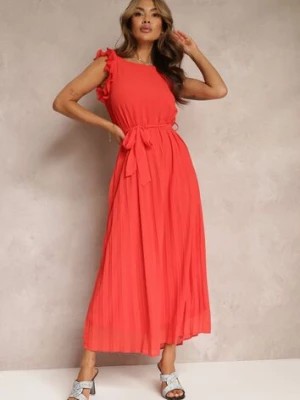 Zdjęcie produktu Czerwona Plisowana Sukienka z Wiązanym Paskiem i Falbankami Camita
