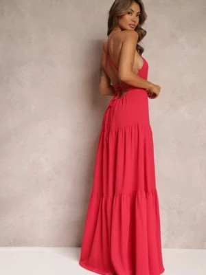 Zdjęcie produktu Czerwona Rozkloszowana Maxi Sukienka z Falbankami i Wiązaniem na Tyle Karins