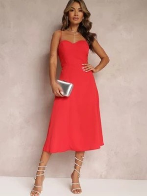 Zdjęcie produktu Czerwona Rozkloszowana Sukienka Midi z Rozcięciem na Ramiączkach Josine