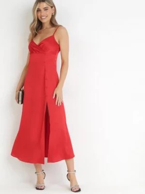 Zdjęcie produktu Czerwona Sukienka Maxi na Ramiączkach z Głębokim Dekoltem Issabelle