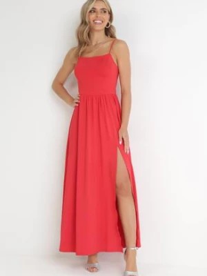 Zdjęcie produktu Czerwona Sukienka Maxi na Ramiączkach z Rozcięciem na Dole i Kwadratowym Dekoltem Jacklyn