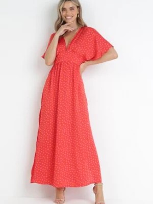 Zdjęcie produktu Czerwona Sukienka Maxi w Kropki z Gumką w Pasie i Rozcięciami Crasses