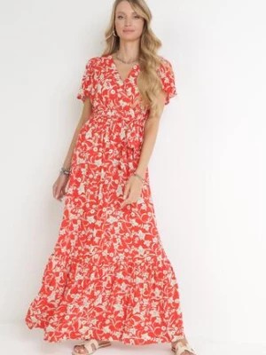 Zdjęcie produktu Czerwona Sukienka Maxi z Gumką w Pasie w Kwiaty Aretocia