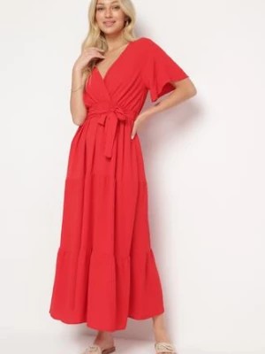 Zdjęcie produktu Czerwona Sukienka Maxi z Gumką w Talii i Materiałowym Paskiem Kiriane