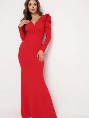 Zdjęcie produktu Czerwona Sukienka Maxi z Kopertowym Dekoltem i Falbankami Serrila