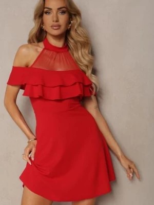 Zdjęcie produktu Czerwona Sukienka o Rozkloszowanym Kroju Typu Hiszpanka z Dekoltem z Siateczką i Stójką Quntia