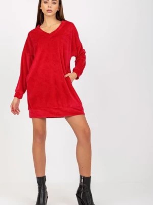 Zdjęcie produktu Czerwona sukienka welurowa z długim rękawem RUE PARIS