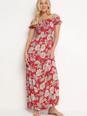 Zdjęcie produktu Czerwono-Biała Sukienka z Wiskozy Typu Hiszpanka z Marszczonym Dekoltem Yelbia