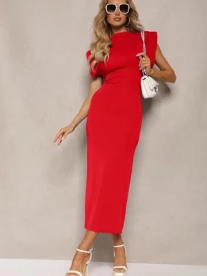 Zdjęcie produktu Czerwona Taliowana Sukienka z Rozcięciem i Poduszkami na Ramionach Melloretta