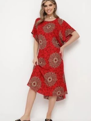 Zdjęcie produktu Czerwona Trapezowa Sukienka z Wiskozy z Krótkim Rękawem Wiązana w Pasie Joalla