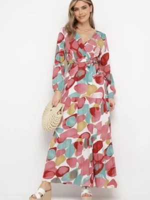 Zdjęcie produktu Czerwona Wiskozowa Sukienka z Gumką w Pasie i Materiałowym Paskiem z Trójkątnym Dekoltem Fumella