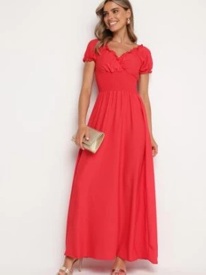 Zdjęcie produktu Czerwona Wiskozowa Sukienka z Gumką w Pasie i Trójkątnym Dekoltem Quneri