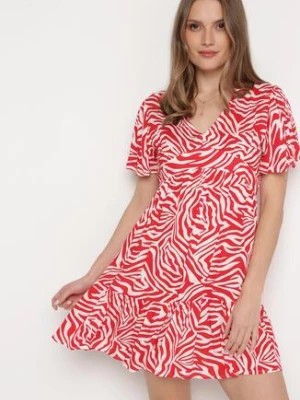 Zdjęcie produktu Czerwono-Beżowa Sukienka Mini z Wiskozy w Abstrakcyjne Paski Ethikala